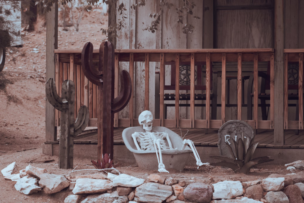 A skeleton sits in a empty bathtub beside a cactus, symbolizing a fading sexual life with a touch of humor and irony.
