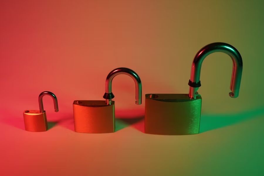 three unlocked locks, each bigger in size