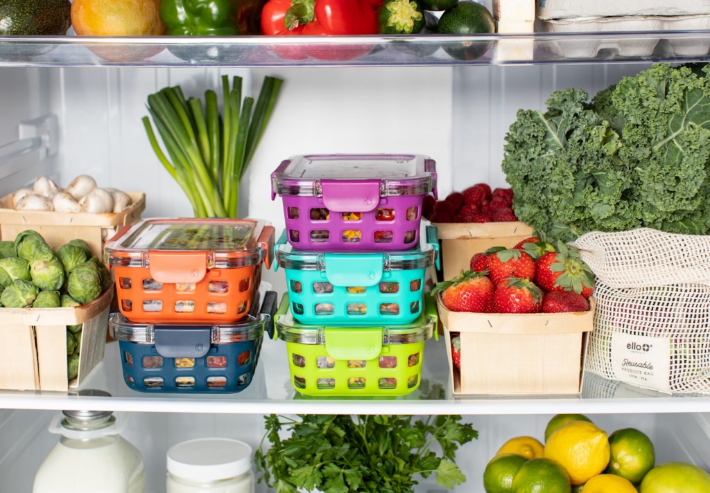 A refrigerator brimming with fresh fruits and vegetables, promoting healthy home-cooked meals free from artificial additives.