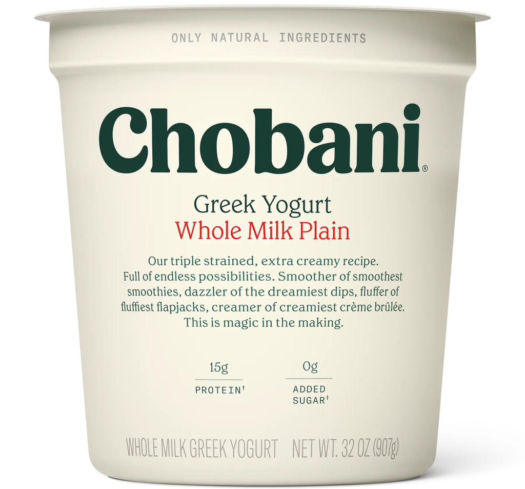 Product shot of Chobani Whole Milk Greek Yogurt