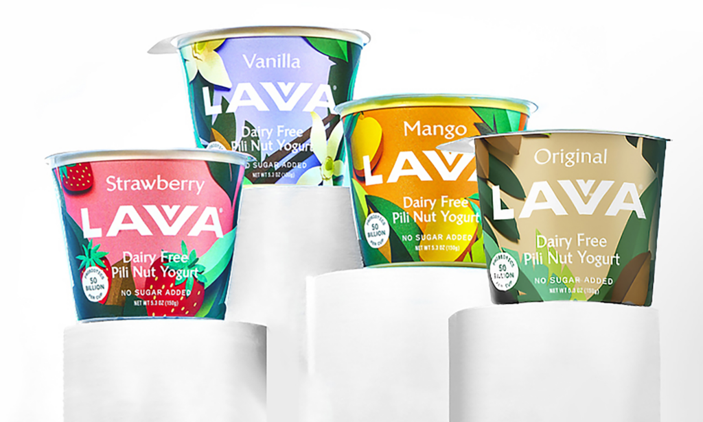 Product shot of strawberry, vanilla, mango, and original Lavva Dairy-Free Yogurt
