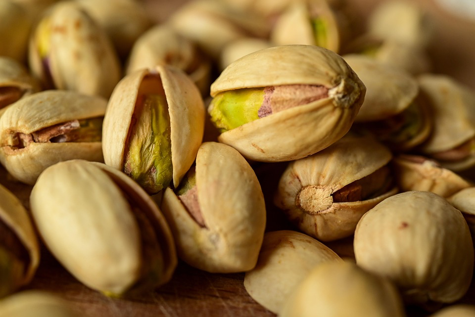 A close-up of pistachios, some cracked open to reveal their vibrant green nuts, sits in a pile. These nuts are the delicious result of a Pistachio Tree's hard work. The shells are light beige with hints of pink and brown, showcasing the natural beauty of these tasty treats straight from nature.