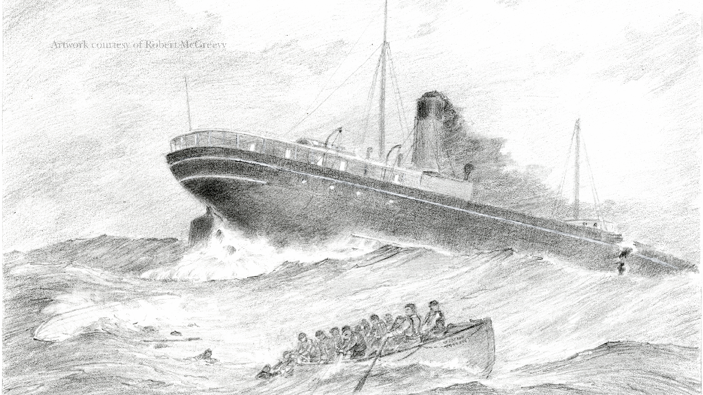 Pencil drawing of The Western Reserve ship breaking apart in the water with a life boat full of passengers in the foreground