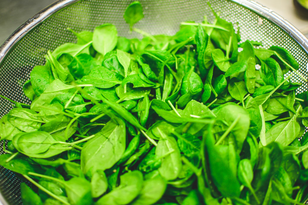 A colander filled with fresh spinach leaves, showcasing the vibrant green color and nutritional benefits of dark leafy greens.
