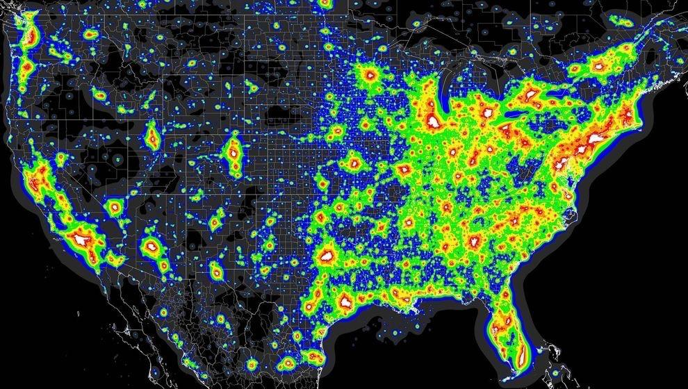 Map shows which U.S. states have the most light pollution, with is associated with Alzheimer's prevalence.