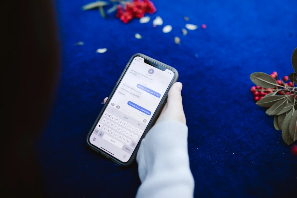 A person wearing a white sleeve holding a smartphone displaying a Messenger chat conversation with blue message bubbles against a vibrant blue background. The phone shows the keyboard open as if composing a message, and decorative red berries and leaves are visible in the corner of the frame.