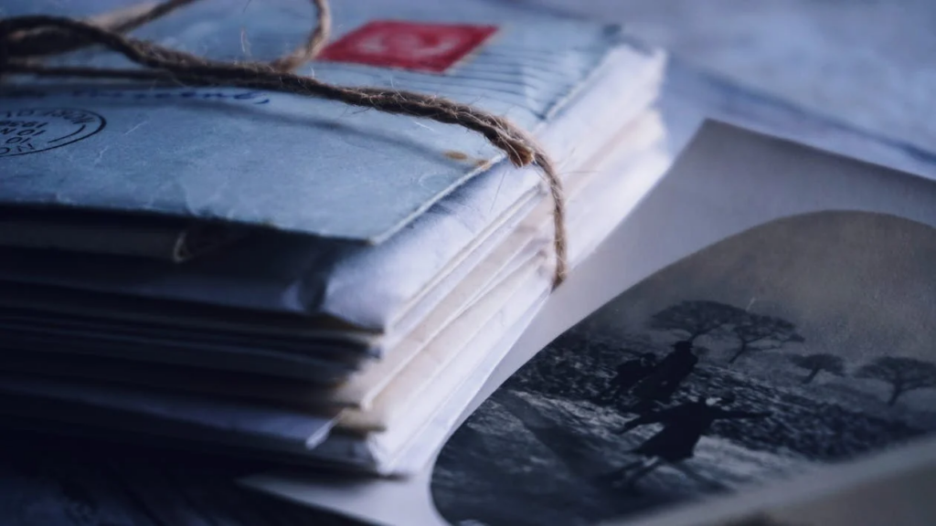 Bundle of vintage letters or envelopes tied with rough twine, resting beside an old black and white photograph, evoking nostalgia and memories of past correspondence.