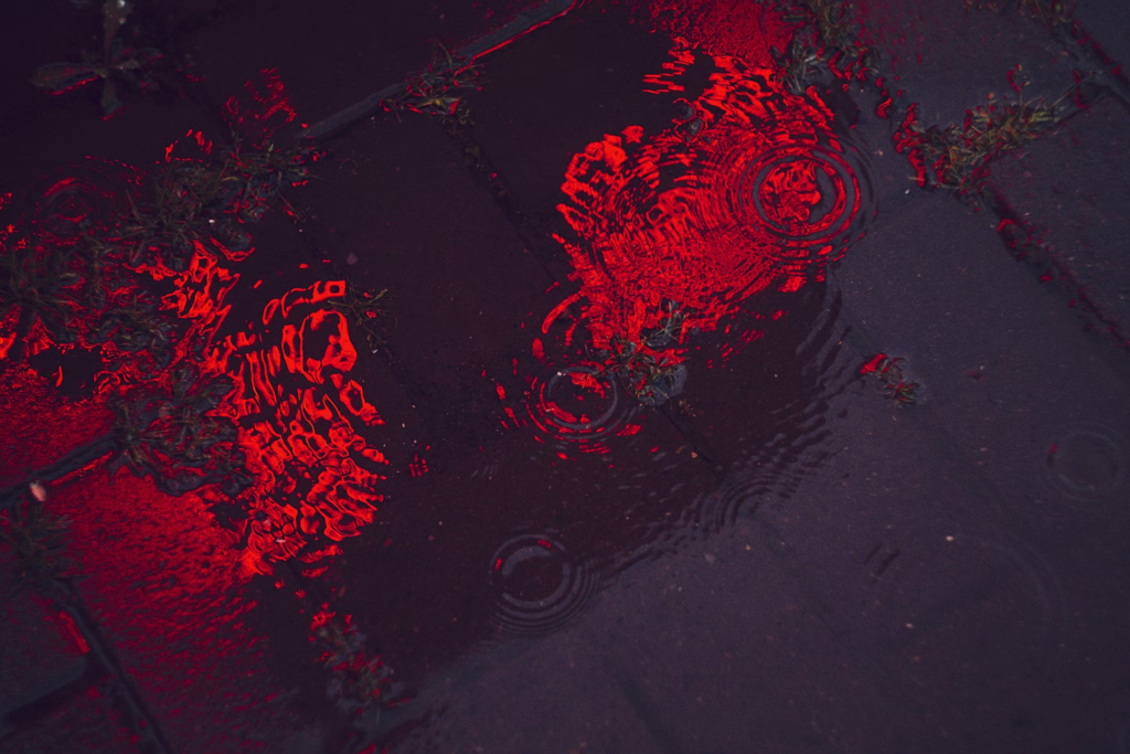 Dark water with blood-red ripples creating concentric circles, photographed from above with dramatic lighting that creates an ominous, mysterious atmosphere.