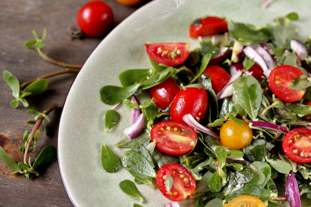 salad with purslane and cherry tomatoes. concept of organic food from the environment. edible weeds and grass. Purslane is a useful herb. eat the weeds, wild food,