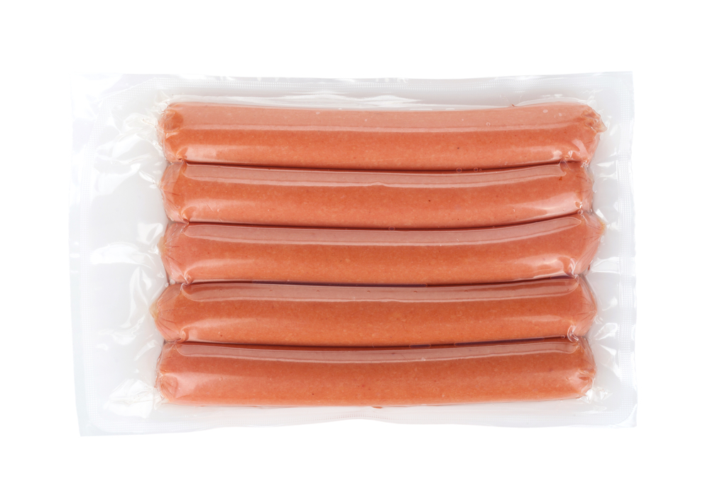 Five sausages pack. Isolated on white background
