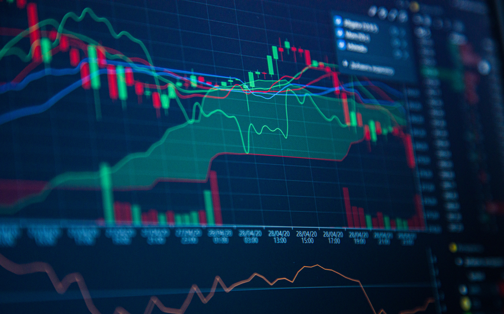 Stock Market Chart on Blue Background. share drop down