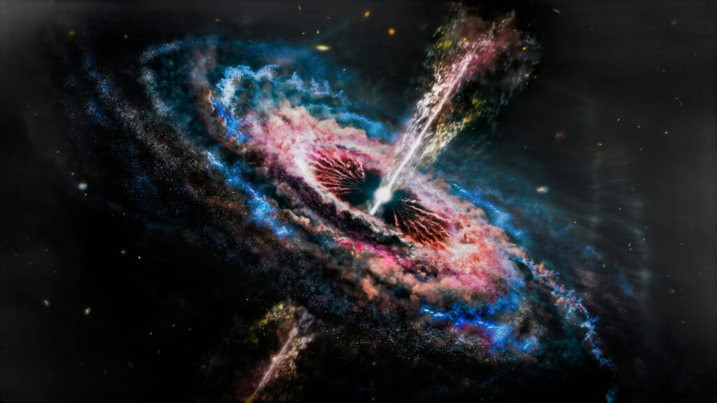 A quasar emits exceptionally large amounts of energy generated by a supermassive black hole fueled by infalling matter.