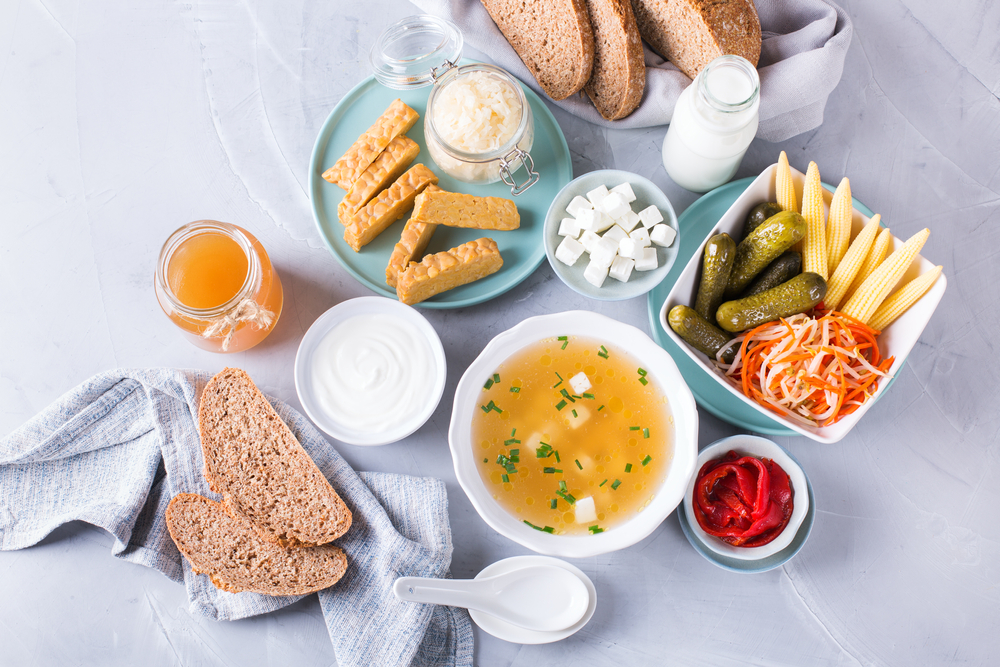 Postbiotics - metabolites and cell-wall components from probiotics, functional food. Tempeh, kombucha, sauerkraut, pickles, kefir, yogurt, miso soup, soft cheese, sourdough bread