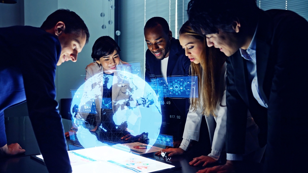 Group of multi racial people watching hologram display. Global business. Management strategy. Science technology. Sustainable development goals. SDGs.