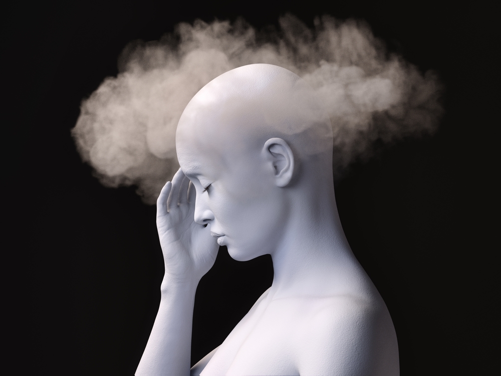 Brain fog. Profile of a stressed female figure with fog around her head. 3D illustration.