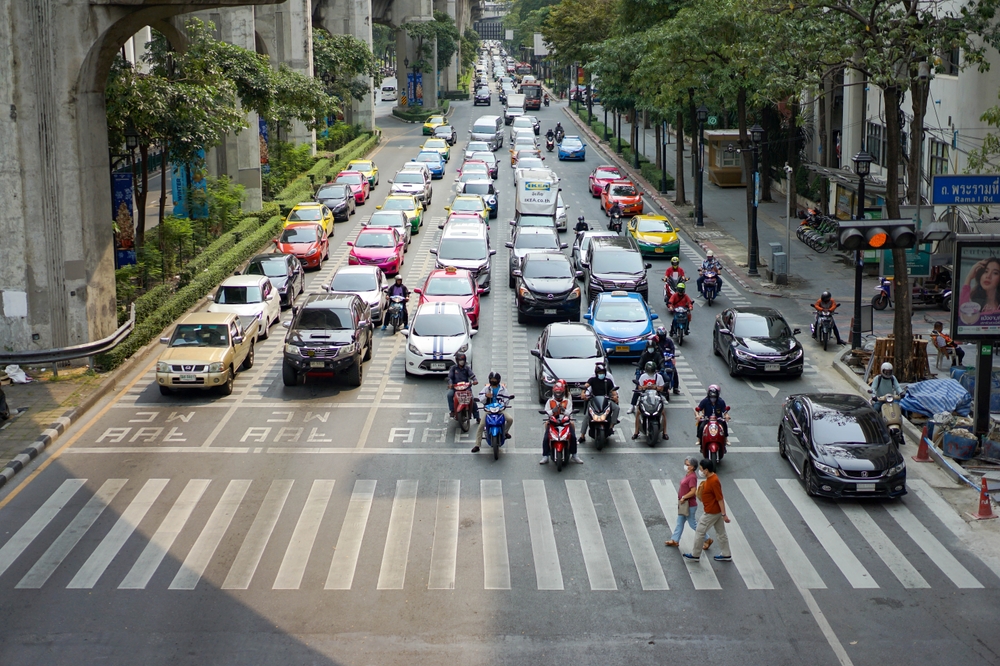 Bangkok, Thailand - 11 Feb 2022, Ratchaprasong Road Environment at afternoon time, It is shot from skywalk at the center of the junction with Traffic road., Bangkok, Thailand.
