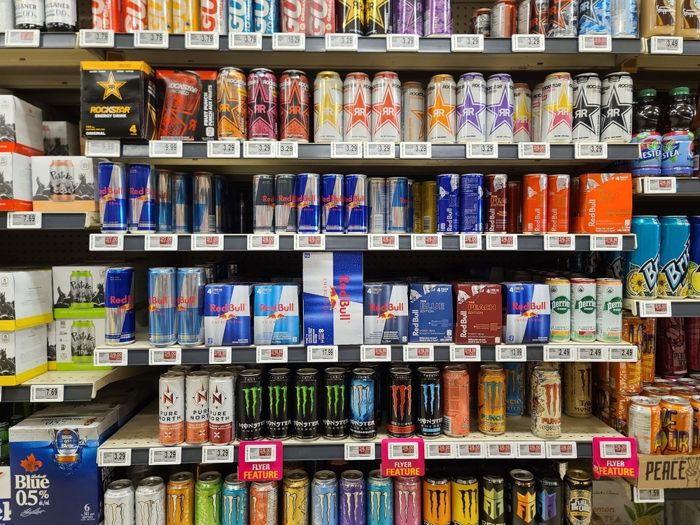 Liverpool, NS, CAN, September 15, 2022 - Shelves filled with Red Bull and other products at a grocery store.