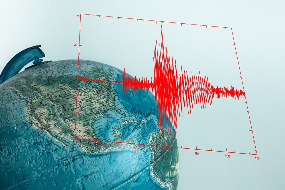 Red seismic wave over Globe with physical map on it