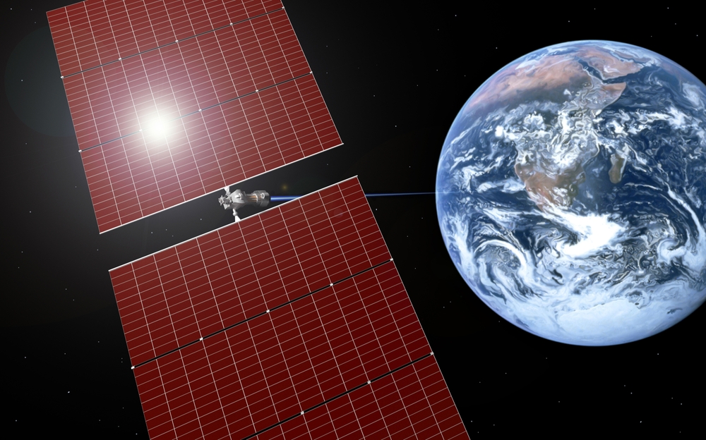 Concept of orbital solar power plant that converts sunlight into microwave radiation that is sent to a receiver on Earth. Elements of this image furnished by NASA. 3d rendering image