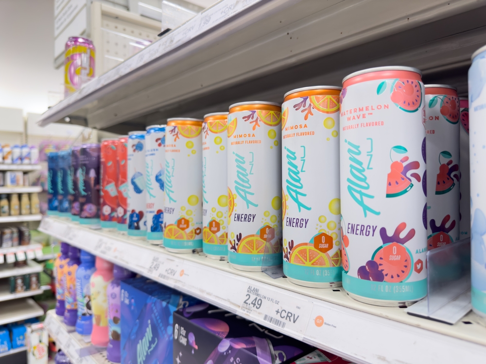 Los Angeles, California, United States - 02-01-2023: A view of several cans of Alani Nu energy drink, on display at a local grocery store.