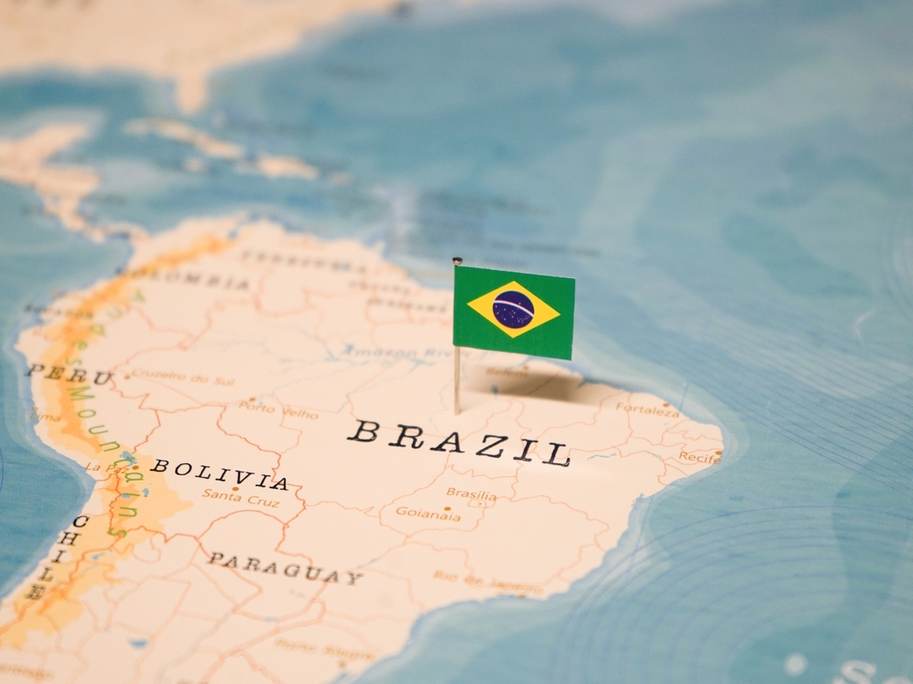The Flag of Brazil on the World Map.