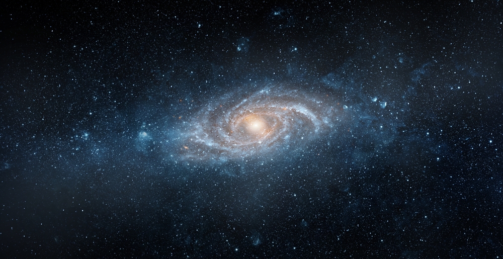 View from space to a spiral galaxy and stars. Universe filled with stars, nebula and galaxy,. Elements of this image furnished by NASA.
