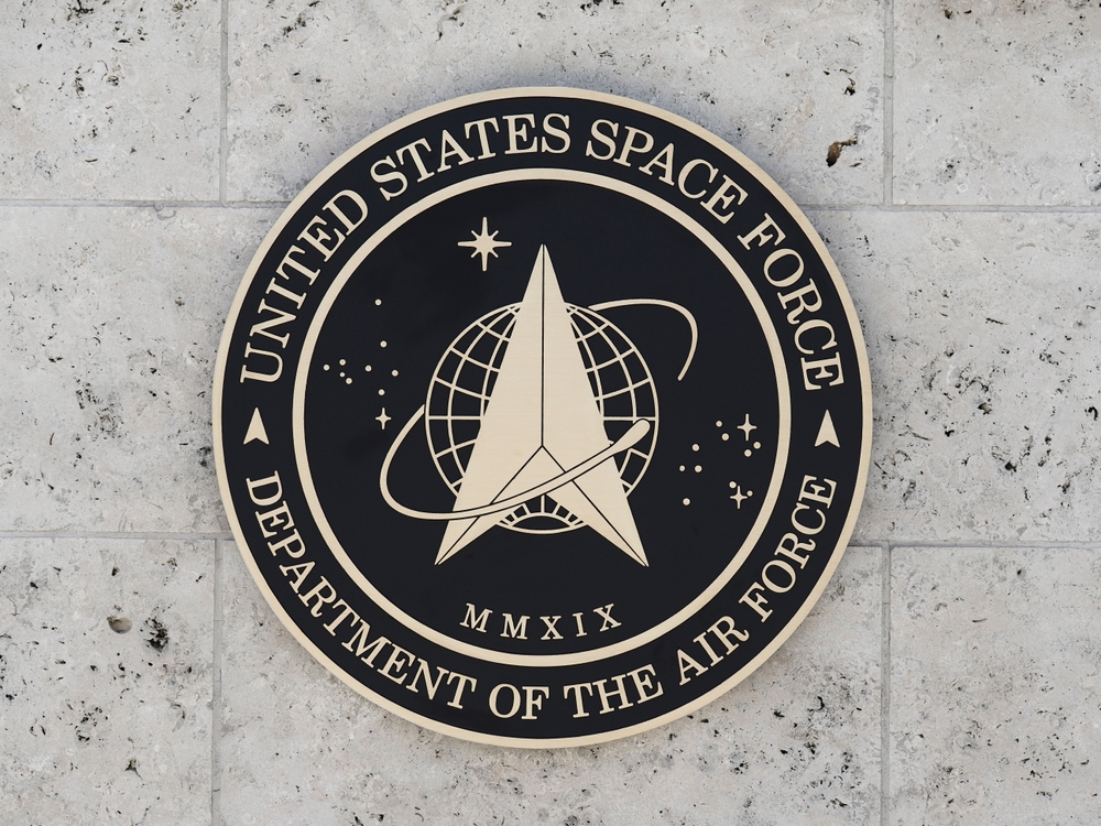 Bayamon, Puerto Rico - November 10, 2023: Space Force emblem, crest or plaque on natural stone wall
