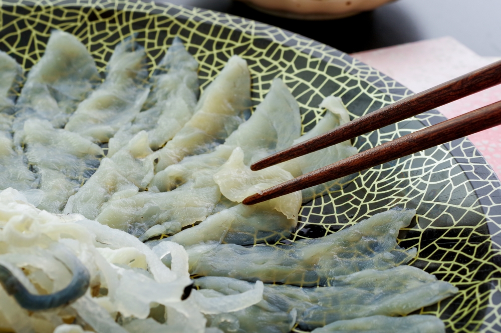 Delicious pufferfish sashimi on a plate
