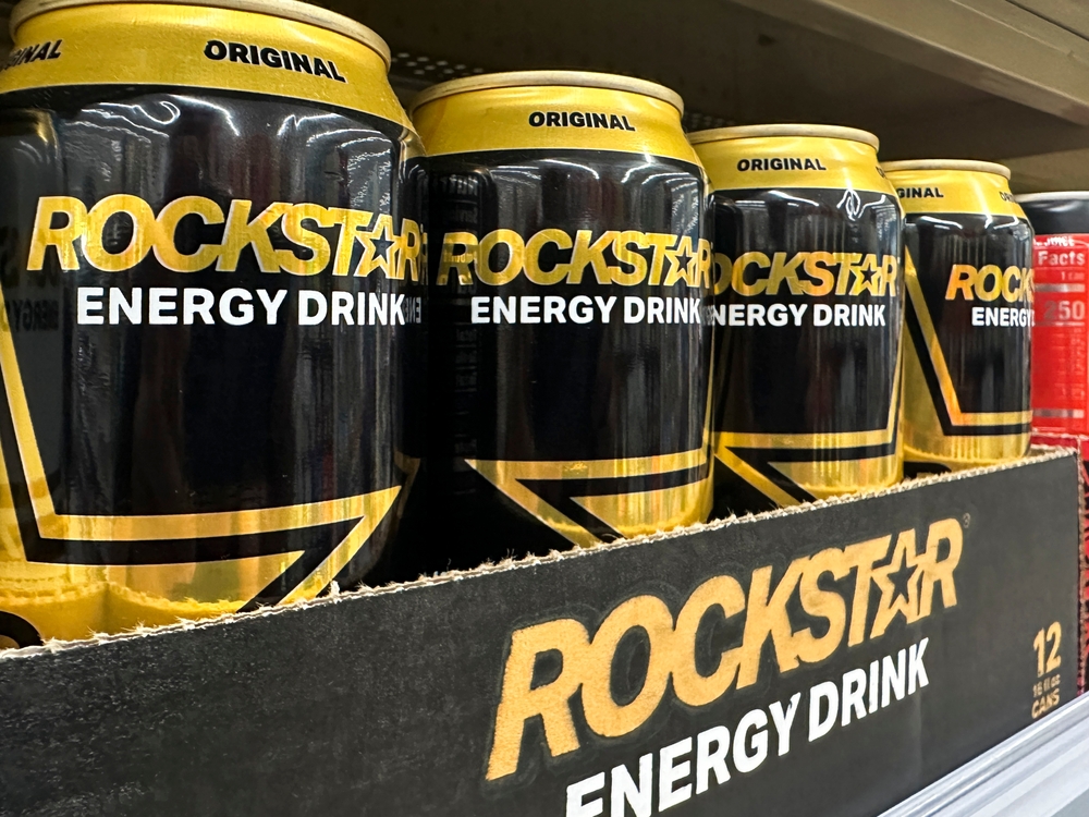 Miami, Florida - Aug 11, 2023: Rockstar energy drink cans for sale at a supermarket. Original flavor.