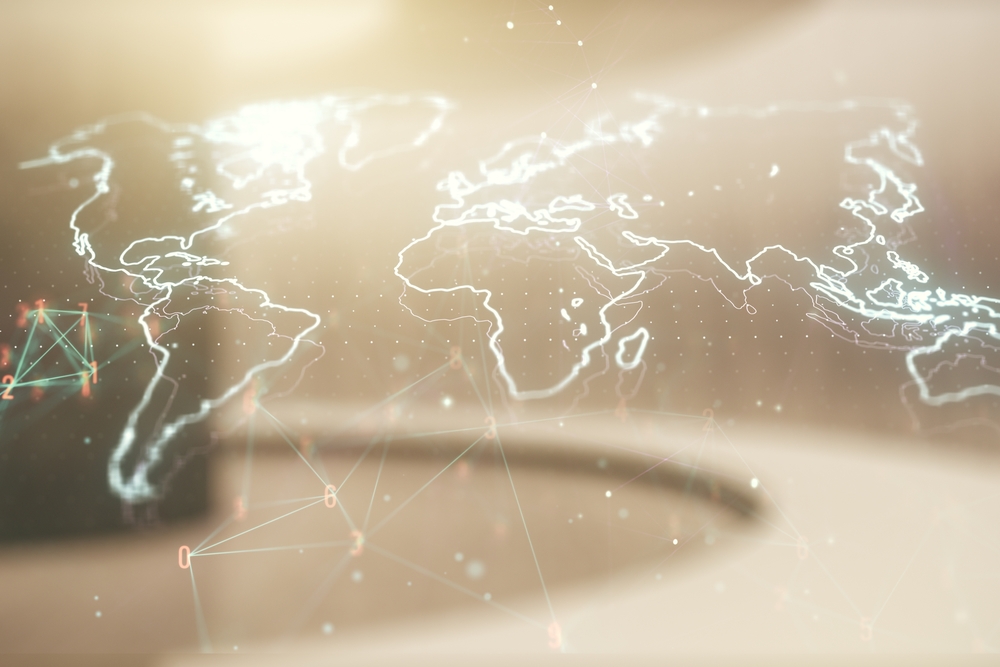 Abstract creative digital world map on modern interior background, globalization concept. Multiexposure
