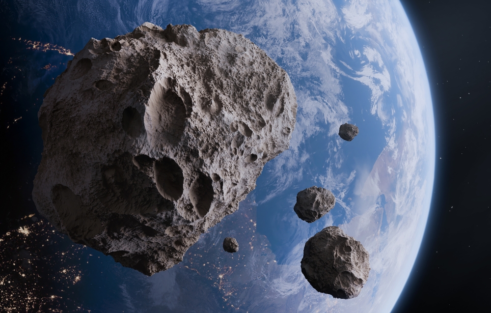 Blue Earth and asteroids in the space. View of planet Earth from space. Elements of this image furnished by NASA, 3d animation