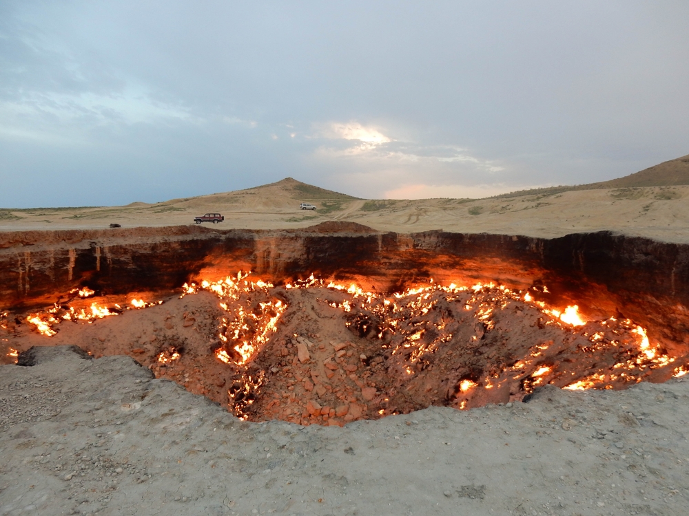 The Darvaza Gas Crater, also known as the Gates of Hell in the desert in Turkmenistan