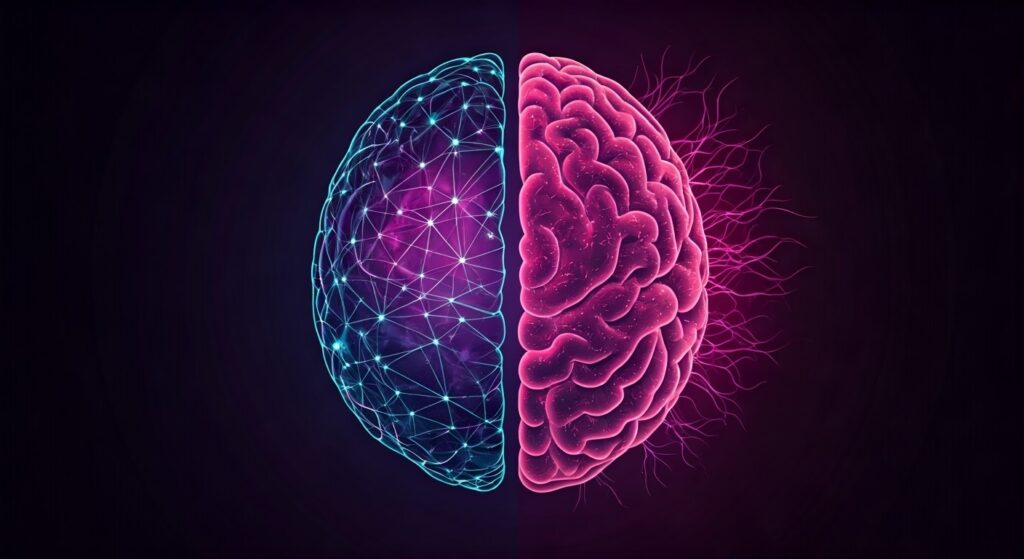 a split brain to show traditional AI (network lines and binary code) on one side and Gen AI on the other side, with more flowing natrual neural networks. USe hot pink and deep purple.