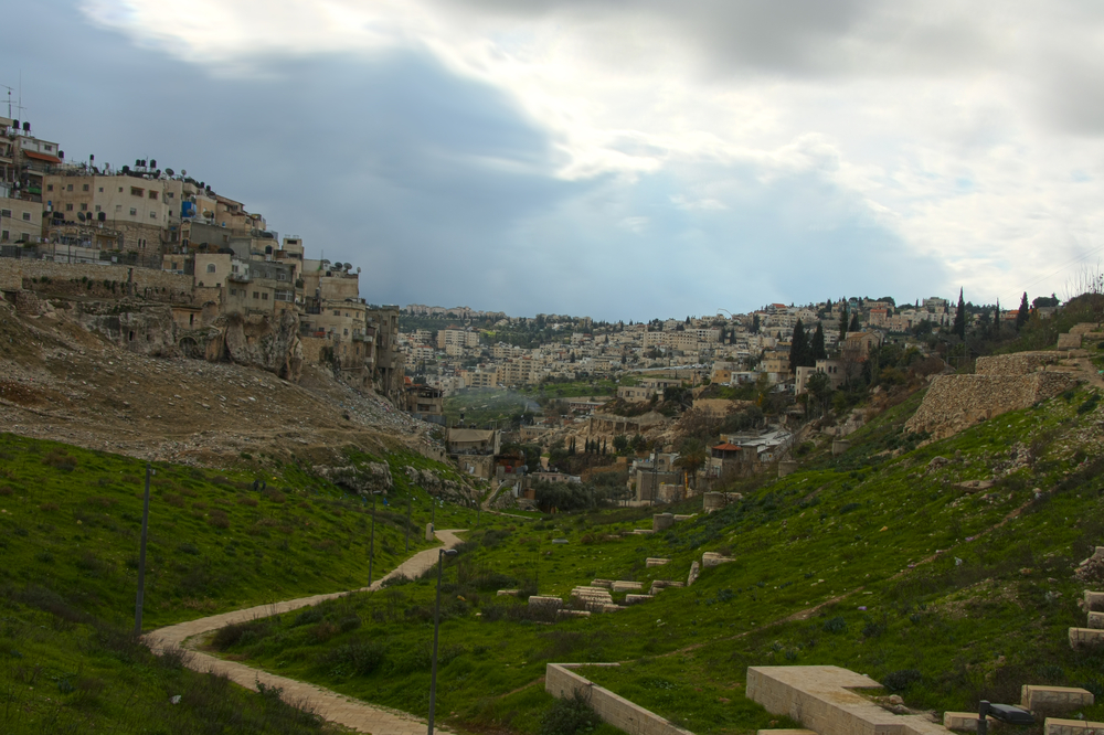 Valley of Hinnom and Silvan. Israel, Jerusalem: Valley of Hinnom and Silvan. A view of the Arab quarters of eastern Jerusalem. Panorama.