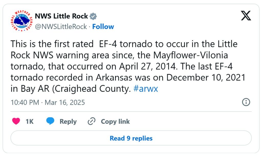 statement from NWS Little Rock about the tornados