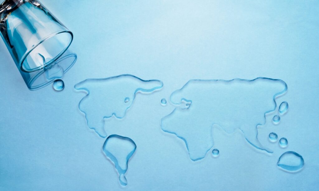 spilt water on blue background