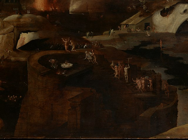 A dark medieval painting by Hieronymus Bosch showing part of his vision of hell. The scene depicts tiny human figures on a brownish landscape with various torments and strange structures. This appears to be a fragment from his famous "Garden of Earthly Delights" triptych.