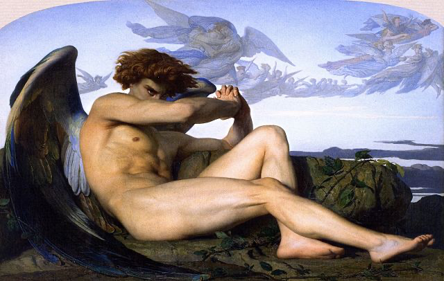A classical painting of a fallen angel. The figure is shown as a nude male with dark wings, reclining on a rocky outcrop with a sorrowful or contemplative expression. In the background, there are faint figures flying through a pale blue sky.