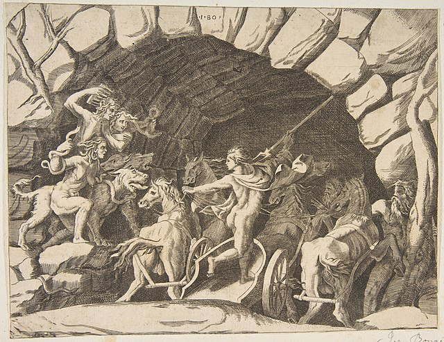 A historical engraving or etching depicting a scene from classical mythology showing nude figures and horses entering or fleeing from a cave. The black and white artwork appears to show a mythological journey to the underworld.