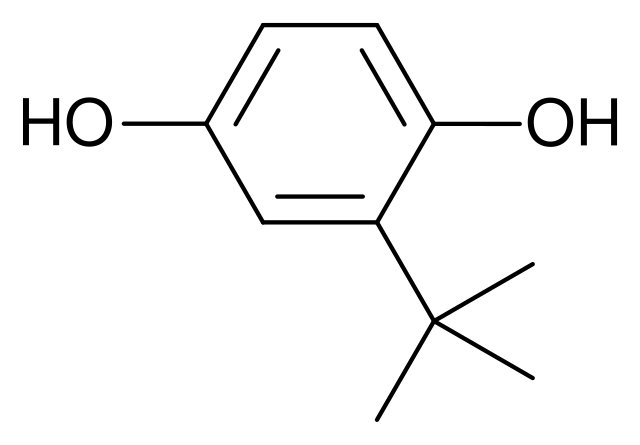 Chemical structure diagram of TBHQ (tertiary butylhydroquinone), a preservative commonly found in ramen noodles and other processed foods.