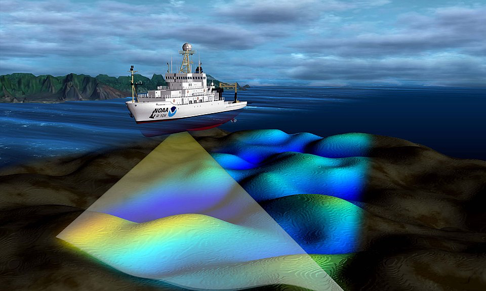 NOAA research vessel using sonar technology to map underwater formations, similar to how scientists discovered the mysterious circles off Corsica's coast.