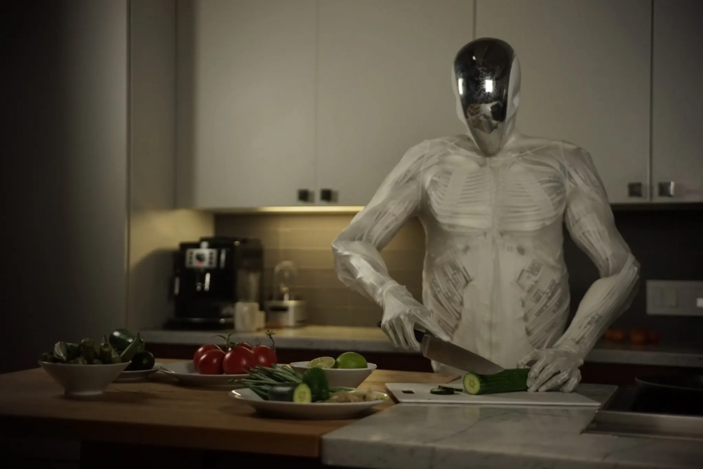 The anatomically accurate robot, Protoclone V1, assistanting with prepping food for cooking. 
