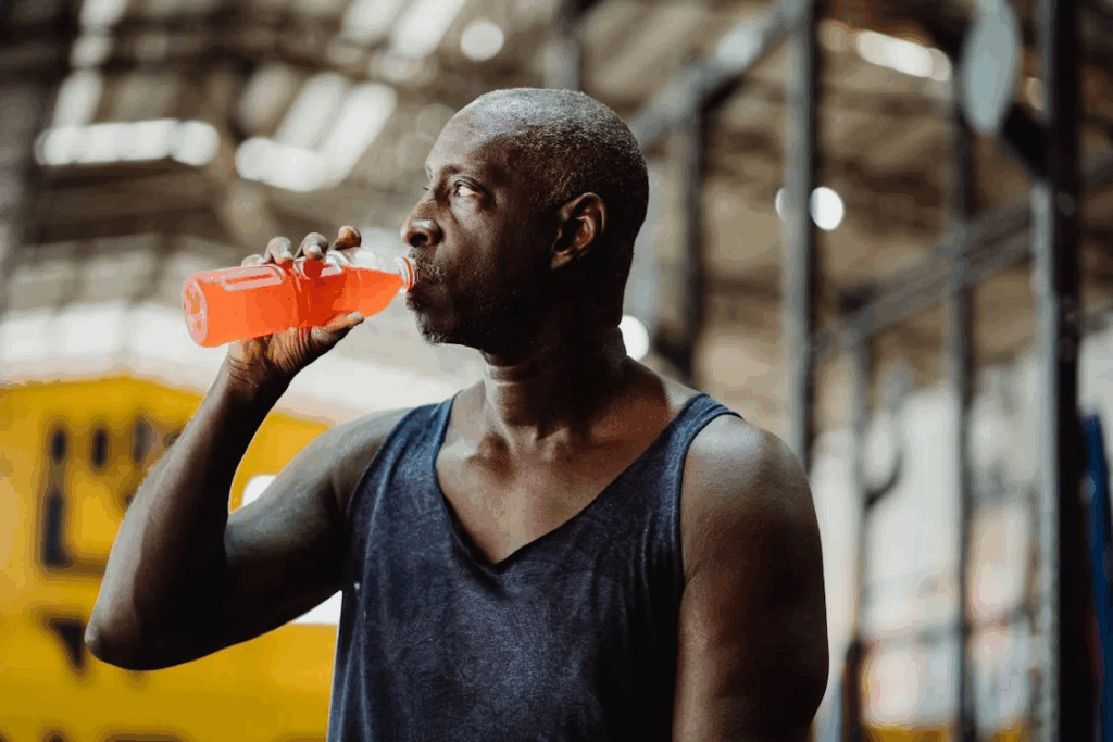 Man in Blue Tank Top Drinking from Clear Plastic Bottle