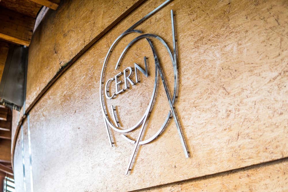 Geneva, Switzerland, March 10, 2018 Globe of Science & Innovation in CERN research center, home of Large Hadron Collider (LHC). Sculpture was designed by Canadian artist Gayle Hermick
