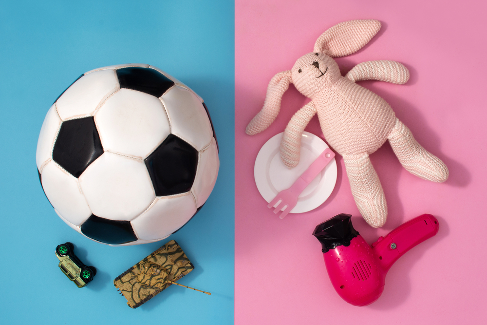 Gender stereotype toys on pink and bluebackground
