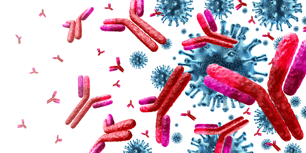 Antibody immunology and Immunoglobulin concept as antibodies attacking contagious virus cells and pathogens as a 3D illustration.