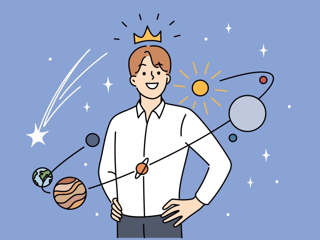 Confident young man in crown stand in center of universe feeling narcissist. Successful male with planets around feel self-love and confidence. Vector illustration.