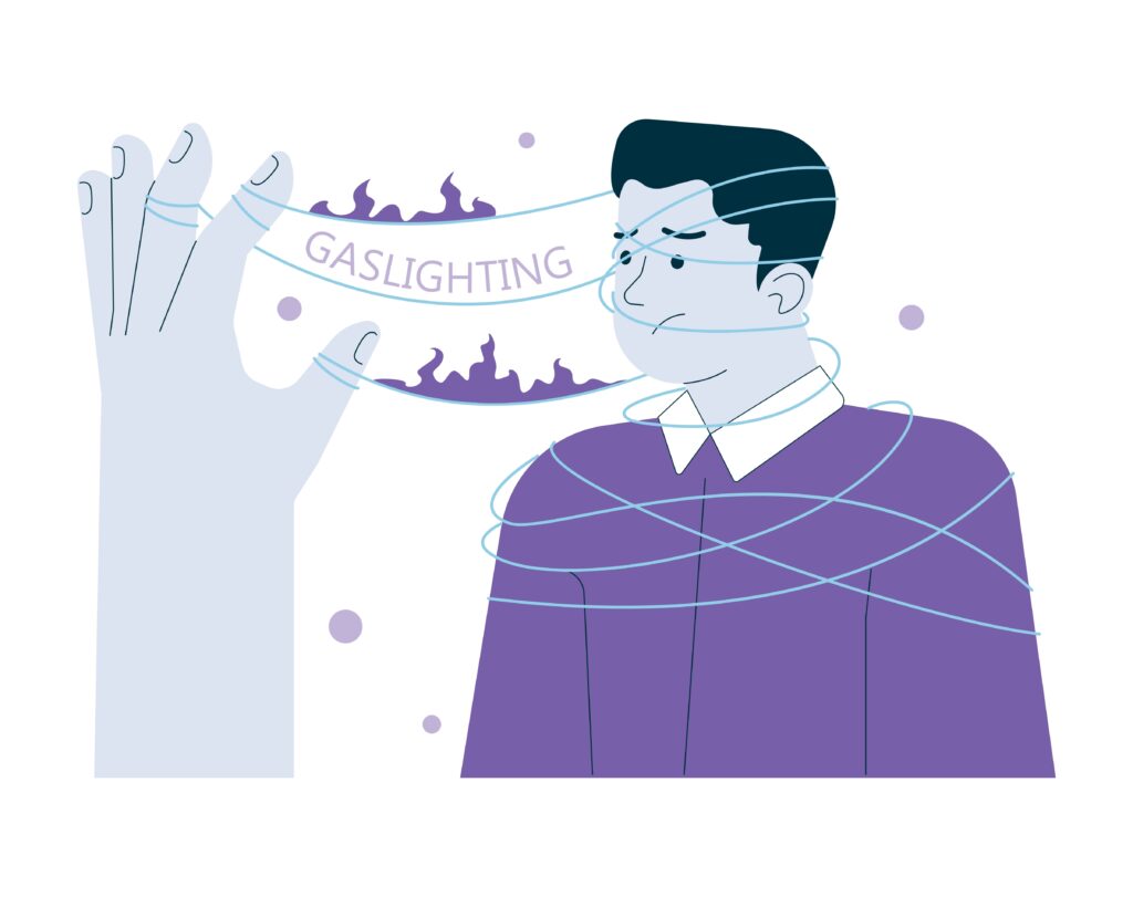 Gaslighting concept. Psychological manipulation method, and cognitive dissonance creation. Emotional abuse in relationships. Flat vector illustration