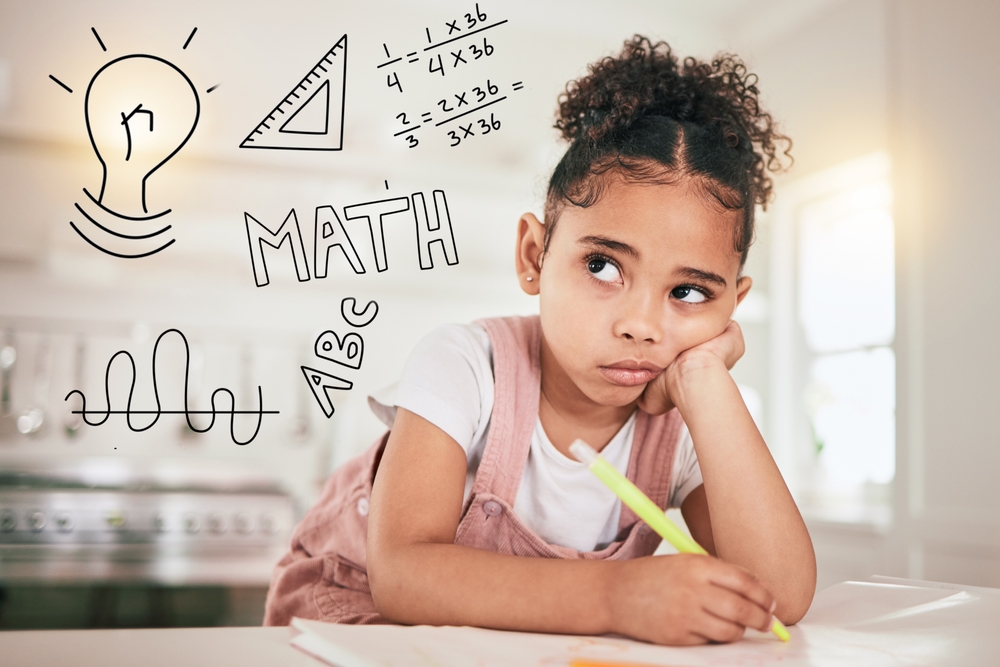 Math homework, education or child thinking of mathematics solution, problem or remote home school. Learning difficulty, ADHD and bored kid contemplating equation numbers for youth development project
