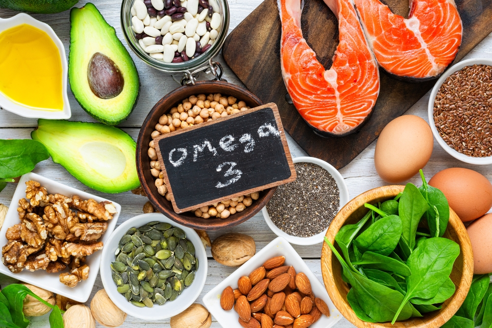 Food rich in omega 3 fatty acid and healthy fats. Healthy keto and low carb diet eating concept. top view
